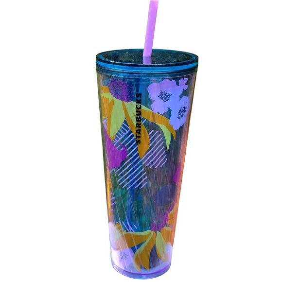 2022 Starbucks Floral Tumbler Cold Coffee Cup Straw Blue Tropical Flowers 24 Oz - Picture 8 of 8
